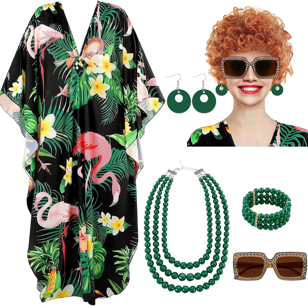 Maiteenly 6 Pcs Carnival Landlady Women Costume Curly Wig Print Caftan Dresses Jewelry Set and Sunglass for Cosplay Party