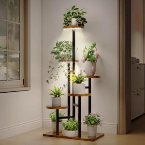 6 Tier Plant Stand with Full Spectrum Grow Lights, 39IN Tall Metal Wood Shelf Holder for Indoor Wheel Plant Display Rack for Potted Plants,Flower Pot Stand for Corner Living Room Balcony Garden Patio