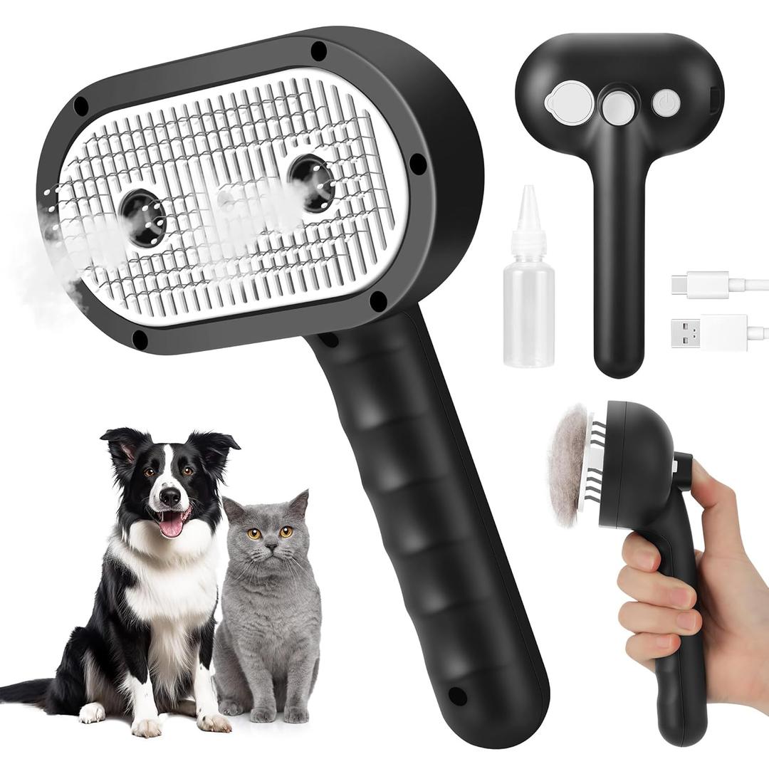 Cat Steam Brush for Grooming and Shedding for Long and Short Hair Pets Deshedding and Hair Removal tool for Dogs & Cats Self Cleaning 4 in 1 Massaging Pet Spray Spritz Defur Comb (Black)