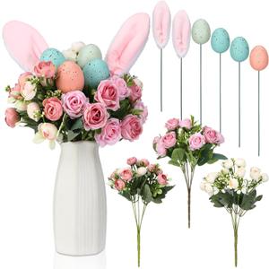 Suncalla 9 Pcs Easter Flowers Easter Eggs Picks with Bunny Ears and Spring Flowers Bouquet 13.8 in Floral Branches Filler Vase Picks and Sprays Stems Table Centerpiece for Home Arrangement Party Decor