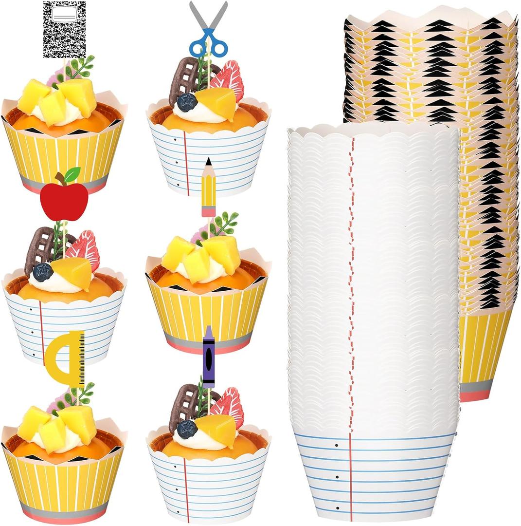 2 x 72 Pcs Graduation Classroom Cupcake Wrappers and Toppers Set, 36 End of Year Cupcake Wrappers, 36 Pencil Ruler Crayon Notebook Cake Picks for Teacher Appreciation, Graduation Party, Classroom Birthday, Cupcake liners: 1.973.35 inch
