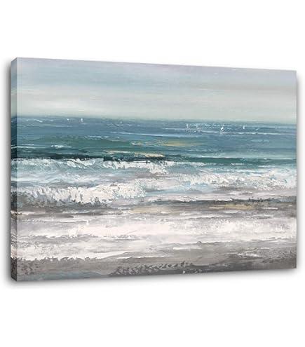 Yihui Arts Large Living Room Wall Arts Hand Painted Modern Abstract Seascape Canvas Oil Painting Ocean Beach Coastal Picture Artwork for Home Decor 27.5" x 19.5"