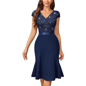 Miusol Women's Elegant V Neck Sequin Glitter Lace Ruffle Style Cocktail Prom Dress (XX-Large)