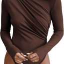 SweatyRocks Women's Bodysuit Mock Neck Casual Ruched Long Sleeve Jumpsuit Size L