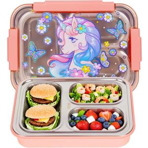 Stainless Steel Bento Lunch Box for Kids, 710ml/23.5oz BPA-Free Leak-Proof Food Containers with 3 Compartments, Back to School Students Daycare Lunches Snack Container Size for Ages 3-7