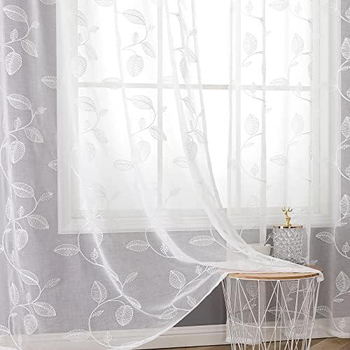 BGment White Sheer Curtains 84 Inches Long 2 Panels - Embroidered Leaf Pattern Semi Sheer Curtains Light Filtering Grommet Window Drapes for Living Room, Each Panel 52 x 84 Inch