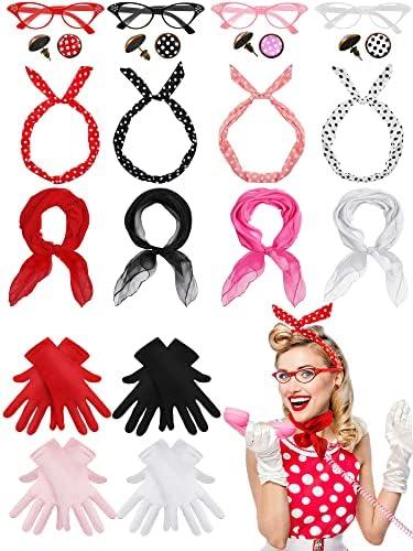 Toulite 20 Pcs 50s Women Costume Accessories Set Includes Cat Eye Glasses Chiffon Scarf Polka Dot Bandana Tie Headband Dot Earrings Gloves for Halloween Party