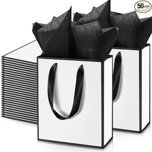 Yeaqee 50 Pack Metallic Gift Bags with Handle and Tissue Paper Gold Foil Thank You Bag for Graduation Wedding Groomsmen Bridal Baby Shower Gifts Holiday Party Favors 9x7x3.15'' (Kraft)