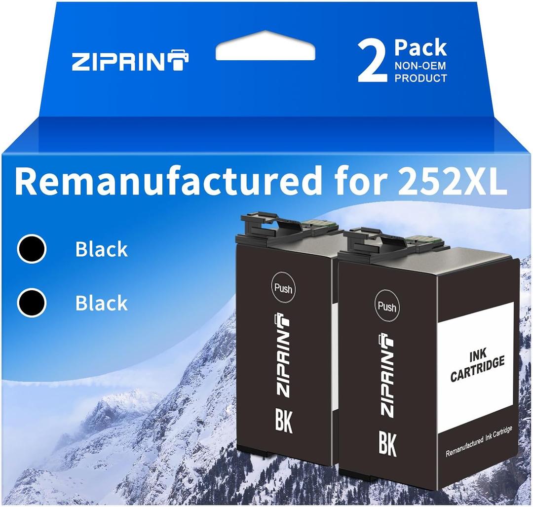 ZIPRINT Remanufactured Ink Cartridge Replacement for Epson 252XL 252 Ink for Epson Workforce WF-7720 WF-7710 WF-3640 WF-3630 WF-3620 WF-7620 WF-7610 WF-7110 Printer (252XL Black, 2-Pack)
