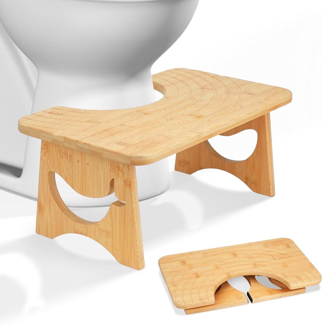 Foldable Bamboo Toilet Stool Squat, 7 Inches Squatting Potty Stool for Adults, Bathroom Poop Step Stool with Non-Slip Strip to Improve Bathroom Posture and Comfort (Natural)