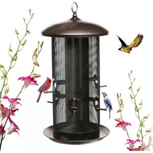 Nature's Rhythm Metal Hopper Bird Feeder Two Chambers，Heavy Duty Mesh Metal Dual Seed Compartments Outdoor Hanging Wild Bird Feeder with 10 Feeding Ports,10lbs Seed Capacity