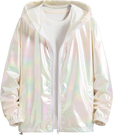 Lars Amadeus Men's Metallic Jacket Lightweight Zip Up Holographic Shiny Hooded Jackets, Small
