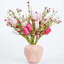 WDS WONDROUS 6Pcs Valentine's Day Artificial Flowers, 15.7 Inch Tulip Heart Stems with Pink White Berries for Vase Centerpiece, Wedding Home Decor