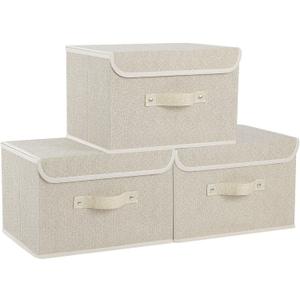 Fabric Storage Bins Cube Organizers with Flip-Top Lid and Handles,Storage Boxes for Organizing Home,Office,and Closet,Grey and Beige,3 Pack 13 X 9.1 X 7.9 in