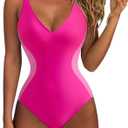 SUUKSESS Women One Piece Swimsuit Slimming Tummy Control Deep V Neck Bathing Suit (Medium, Pink)