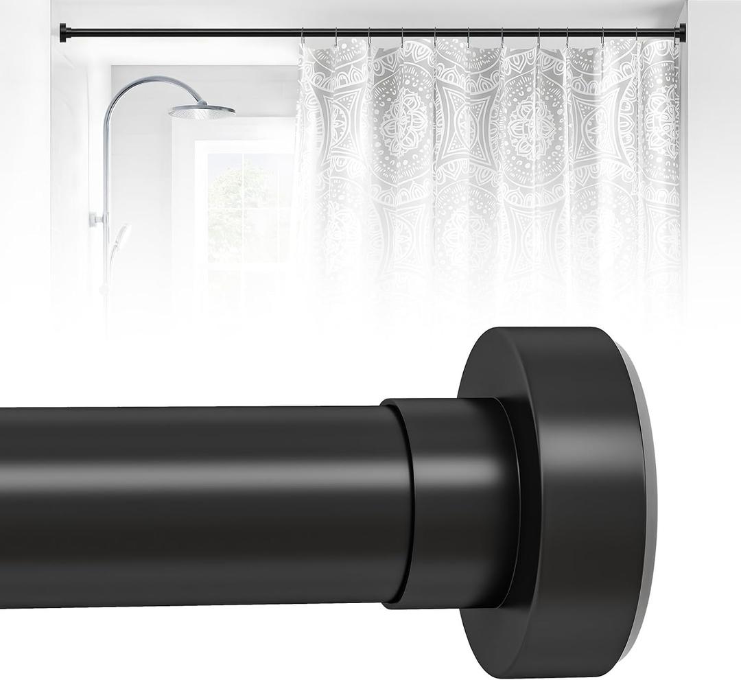 Black Shower Curtain Rod 18 to 49Inch:Small Spring Tension Shower Rods for Bathroom Kitchen Doorway,Modern Heavy Duty Adjustable Tension Shower Curtain Rod No Drilling No-Slip Easy Install,Black