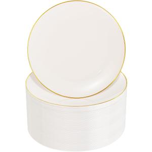 Nervure 100Pcs Ivory and Gold Plastic Plates - 7.5inch Disposable Ivory Dessert/Salad Plates - Heavy Duty Plastic Plate Ideal for Wedding & Party & Thanksgiving