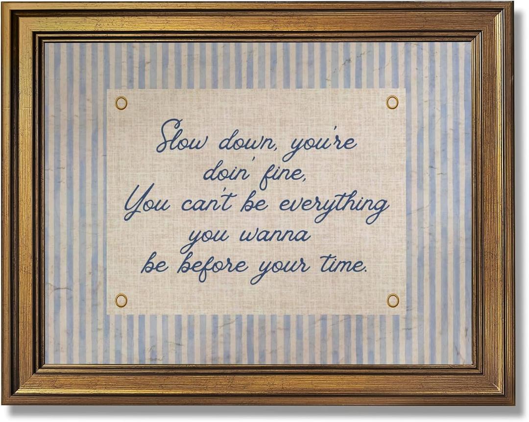 Vintage Gold Framed Wall Art Slow Down You're Doing Fine Music Poster Uplifting Positive Quote Stripe Motivational Painting Retro Song Lyric Canvas Print Daily Reminder Home Decor 16x24inch