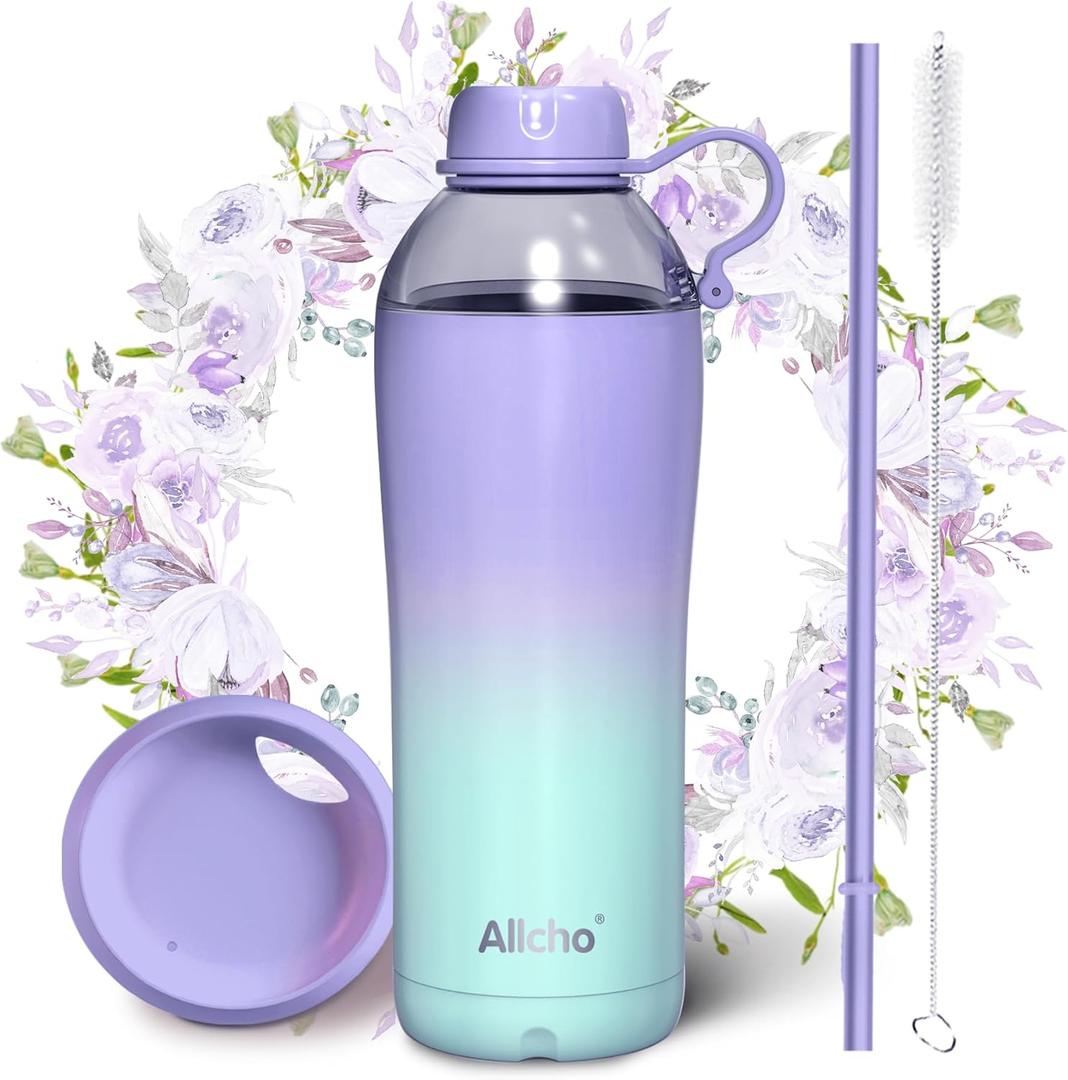 Insulated Water Bottle for Women, 18 oz Stainless Steel Water Bottles, Double Walled, 2 Lids (Chug & Tumbler) - Hydrate & Caffeinate, Gifts (Lavender Meadow)