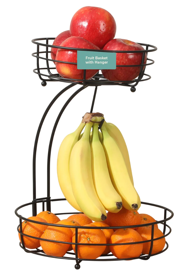 Two-Tier Fruit Basket with Banana Hanger – Black Metal Countertop Produce Stand – Kitchen Storage Organizer for Apples, Oranges, Bananas – Durable Iron Wire Frame