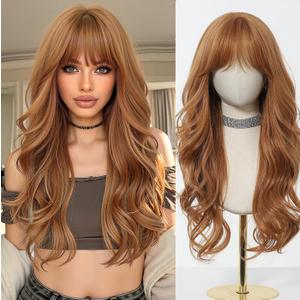 Esmee Long Wavy Strawberry Blonde with Fringe Wigs for Women Natural Synthetic Heat Resistant Hair Curly Wig for Party Daily Use