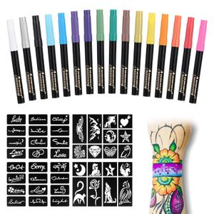 Temporary Tattoo Markers for Skin, 16-Count Body Markers+77 Large Tattoo Stencils of Assorted Colors for kids and Adults, Flexible Brush Tip, Bright colors, Skin-Safe*, Cosmetic-Grade.