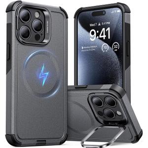 ESR for iPhone 15 Pro Case with Stand, 23 ft Military-Grade Drop Protection, Heavy Duty Magnetic Phone Case, Compatible with MagSafe Accessories, Cyber Series, Grey