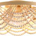 20'' Boho Ceiling Fan with Lights Flush Mount,Bohemia Gold Wood Bead Enclosed Ceiling Fan Light, 4 Lights Low Profile Ceiling Fans with Remote Control for Bedroom Living Room Dining Room Kitchen