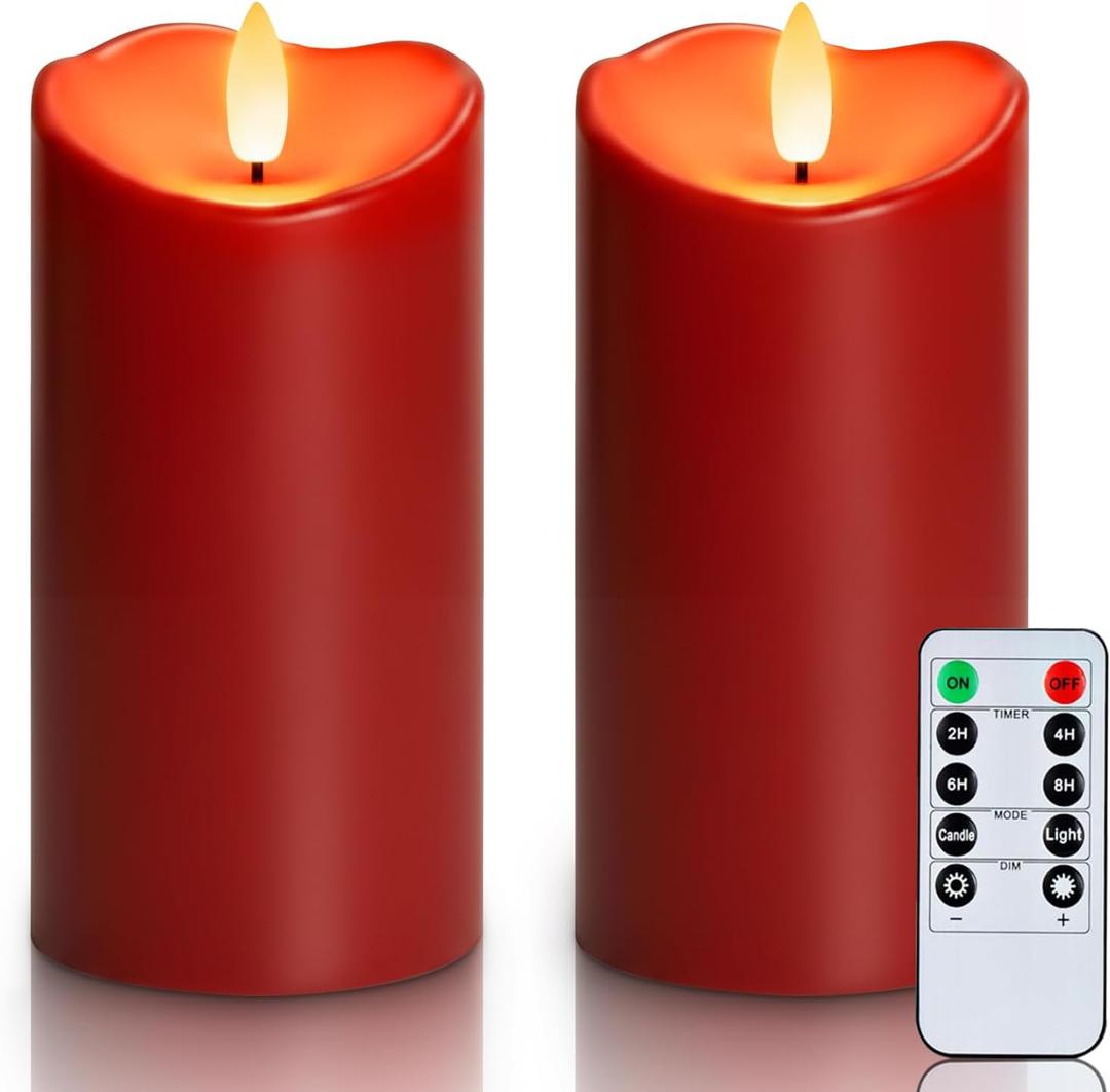 Homemory Burgundy Flameless Candles, Waterproof Flickering Candles, Outdoor Battery Operated LED Pillar Candles with Remote Timer, Electric Fake Plastic Candles, Red, Christmas Decor, 3" x 6"