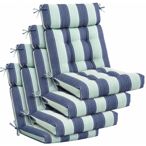 Barydat 4 Pcs Tufted High Back Chair Cushion Indoor Outdoor Seat and Back Cushions Palm Leaves Tropical Plants Lawn Rocking Chair Pads with Ties for Adirondack Patio Garden(Blue Stripes)