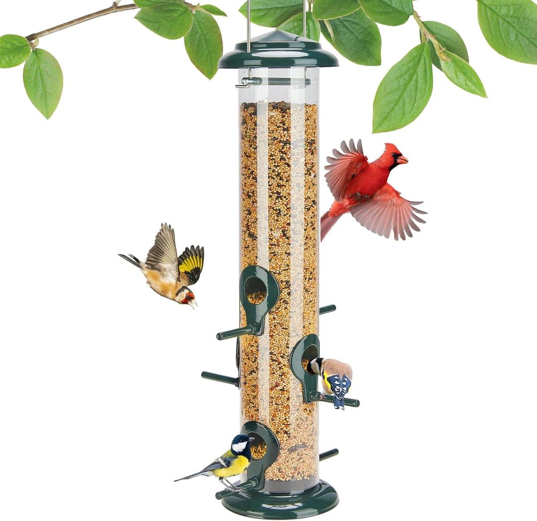 Kingsyard Metal Bird Feeders for Outdoors Hanging, Tube Bird Feeder with 6 Feeding Ports, 15 Inch, Chew-Proof & Weatherproof, Green (6-Ports)