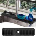 24 Inch Silicone Faucet Mat for Kitchen Sink Splash Guard - 7 Slope Upgraded Water Draining Mat with Fasten Button for Bathroom Area (Black, 24''x5.5'')