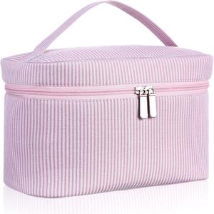 Huhumy Large Makeup Bag for Women Toiletry Bag, Aesthetic Cute Seersucker Cosmetic Pouch, Teen Gift for Her Mom Girlfriend Wife Teacher Aesthetic Skincare Brushes Storage Organizer(Pink)