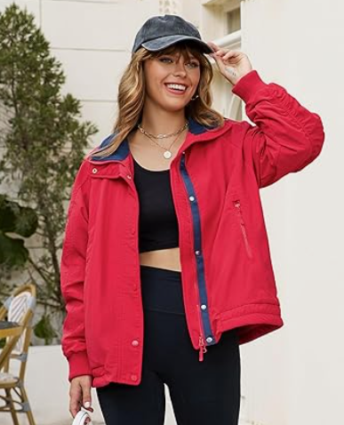 Qiaomai Womens Casual Jackets Warm Fleece Lined Windbreaker Tripper Jackets Outerwear with Pockets, Red, Large