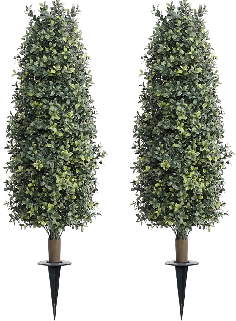36" Artificial Boxwood Topiary Trees with Ground Spike Set of 2, Outdoor 3ft Faux Boxwood Topiaries Cone Bushes Trees Fake Shrubs Plants Front Porch Decor Outside Garden