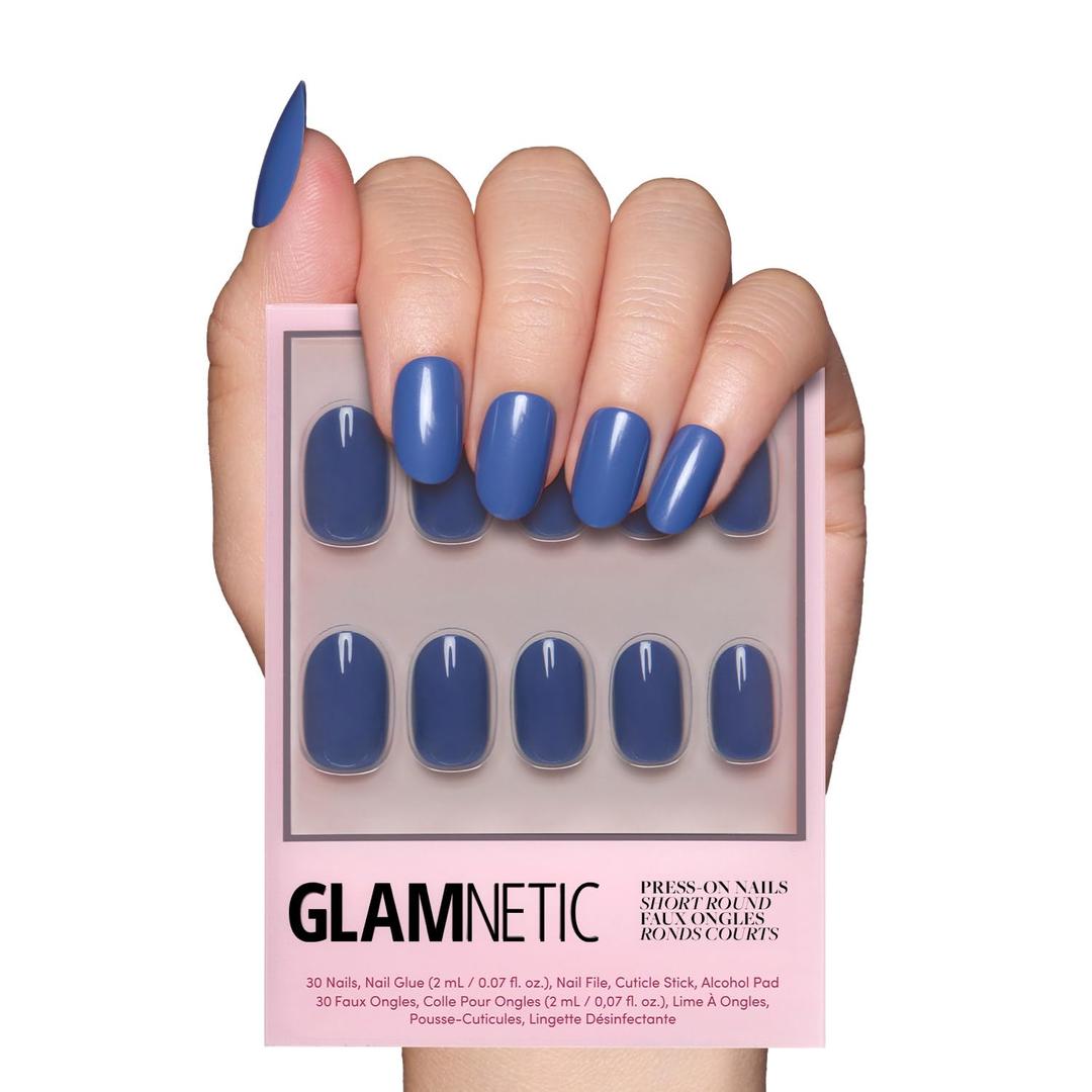 Glamnetic Press On Nails - Regal Blue | Opaque Dark, Moody Blue Short Round Fake Nails, Salon Quality | 12 Sizes - 30 Nail Kit