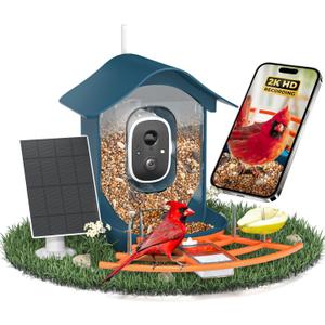 Smart Bird Feeder with Camera, 2K HD AI Identify Birds Species, Bird Watching Camera with Solar Panel, Gift for Mom Dad Birdlovers (Wave Blue)