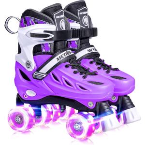 METROLLER Roller Skates for Girls Ages 5-8 8-12 and Boys Teens, Adjustable 4 Sizes for Kids Toddler Rollerskates with Light up Wheels, for Women (Purple, Large-Youth & Adult (4-7 Men/ 5-8 Women))