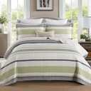 Homzard Quilts Queen Size,Cotton Queen Comforter Set,Green Beige Grey Quilt Bedspread Set,Striped Bedding,Cotton Lightweight Bed Comforter All Season 3 Piece (Queen (90"x98"))