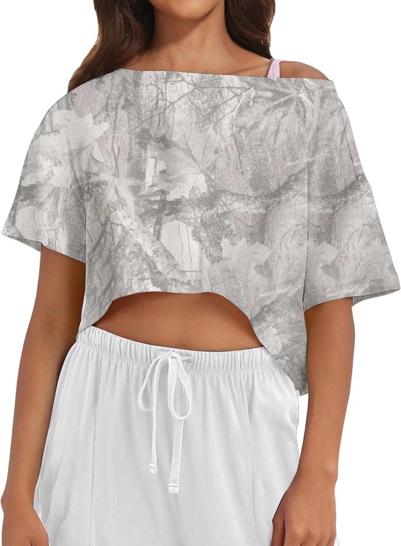 MISSACTIVER Oversized Off The Shoulder Top for Women Short Sleeve Boat Neck Crop Tee Loose Summer Workout Shirt (Small, Camo Light Grey)