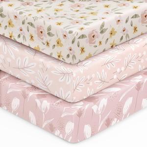 Unnivoll Baby Crib Sheets for Boys Girls, 28x52x8in Fitted Crib Sheet Neutral 3 Pack for Standard Crib and Toddler Mattress, Breathable Soft Microfiber Baby Sheet Pink Flowers & Leaf