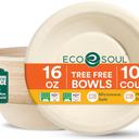 ECO SOUL 16 Oz Compostable Disposable Paper Bowls [1000 Pack] Food Safe Leak-Free 100% Virgin Bagasse Biodegradable Heavy Duty Ramen Soup Bowl for Hot & Cold Food Microwave Safe [Small, Round, White]