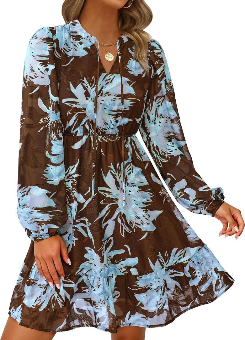 PRETTYGARDEN Women's Fall Boho Dresses 2026 Floral Long Sleeve V Neck Mini Flowy Wedding Guest Dress Trendy Vacation Outfits (Medium, Floral Brown Blue)