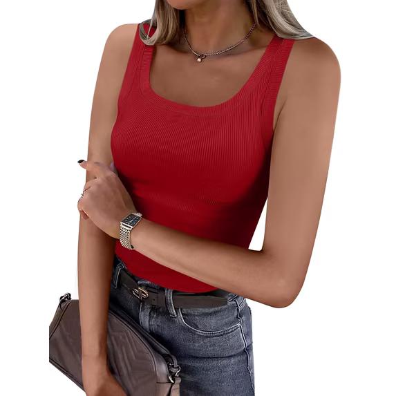 ANRABESS Tank Tops for Women Waffle Knit Scoop Neck Flowy Casual Sleeveless Shirts 2026 Summer Clothes Bright Red XX-Large