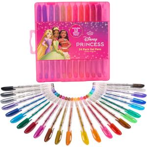 Disney Princess Gel Pens Set for Kids, 24 Pack with Glitter Gel Pens, Cute Pens for Girls Cinderella, Rapunzel, Ariel, and Tiana