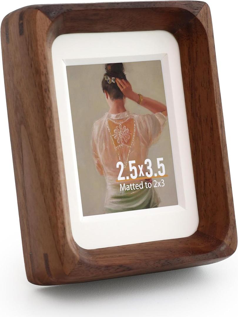 Wooden Picture Frames, 2.5x3.5 Small Polaroid Picture Frame Matted to 2x3 with Plexiglass, Walnut Solid Natural Wood Tiny Photo Frame, For TableTop and Wall Mounting