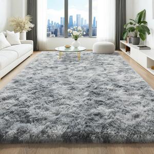 HQAYW 5x8 Fluffy Tie-Dyed Light Grey Area Rugs for Living Room Bedroom, Ultra Soft Plush Shaggy Bedside Rug, Non-Slip and Machine Washable Carpet for Kids Girls and Boys, Dorms, Nursery, Home Decor