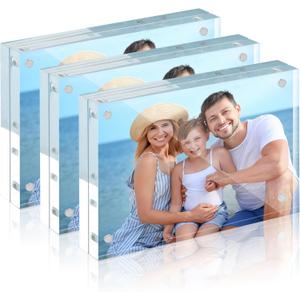 HOUSE DAY Acrylic Picture Frames 4x6, 3 Pack Magnetic 4 x 6 Picture Frame, Double Sided Clear 4x6 Photo Frame with Microfiber Cloth, Frameless FreeStanding 4x6 Frame Gift for Desktop Display