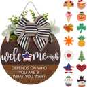 Interchangeable Seasonal Welcome Sign for Front Door, Rustic Round Wood Wreath for Front Door Hanging Decorations, for Spring Summer Fall Halloween Christmas Farmhouse Outdoor Home Wall Decor (12Inch)