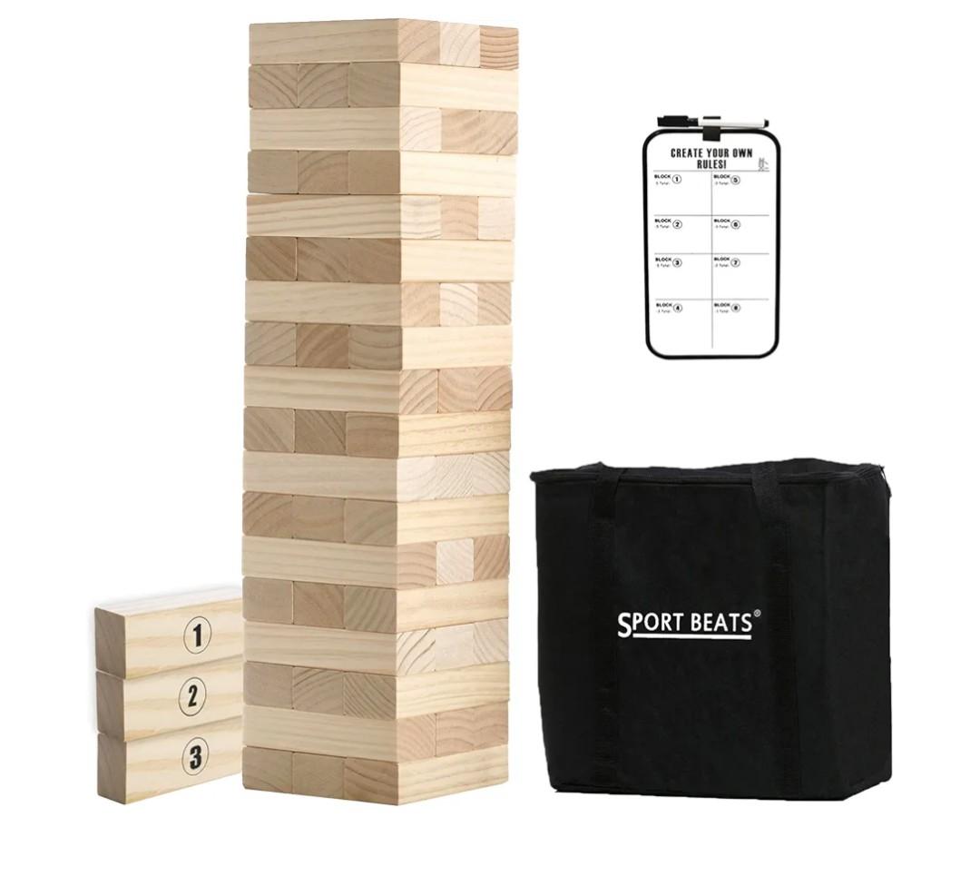 Outdoor Games Large Tower Stacking Game, 54 Wooden Blocks, Stack Up to 4 Ft Tall, Includes Carry Bag and Scoreboard, Backyard and Beach Lawn Yard Fun for Adults and Family